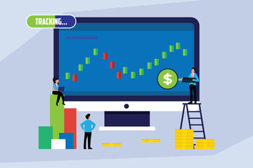 Financial Stock Market Tracking and Investment Analysis on Computer Screen. Businesspeople Monitoring Trading Chart and Financial Growth Strategy 2d flat vector illustrations