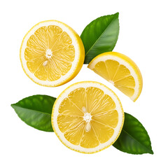 Fototapeta premium Lemons and Leaves, Sliced Yellow Lemons and Green Leaves Arranged on a Dark Surface, cutout, PNG isolated on white or transparent background