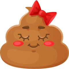 Cute brown smiling poop character wearing a red bow with closed eyes and rosy cheeks representing happiness and joy on a transparent background