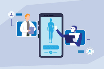 Telemedicine and AI Doctor Collaboration. Artificial Intelligence Robot and Human Physician Diagnosing Patient Health Data on Mobile Phone Application 2d flat vector illustrations