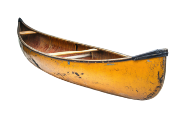 A weathered wooden canoe showcasing its rustic charm isolated on a transparent background. Canoe isolated on white background