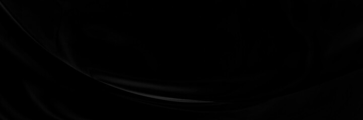 Black gray satin dark fabric texture luxurious shiny that is abstract silk cloth panorama background with patterns soft waves blur beautiful.