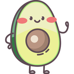 Cute Cartoon Avocado Character Waving Hand with Rosy Cheeks and Happy Face on Transparent Background Digital Art