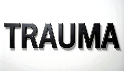 Bold "TRAUMA" text in black against a bright, out-of-focus white background, creating a stark, impactful image