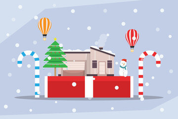 Fototapeta premium Winter Holiday and Christmas Scene. Modern House Decorated with Christmas Tree, Snowman, Giant Candy Canes, and Hot Air Balloons in the Snow 2d flat vector illustrations