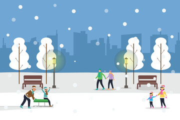 People Enjoying Winter in the City Park. Families and Couples Walking and Playing Outdoors During Snowfall with Urban Skyline Background 2d flat vector illustrations