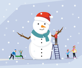 Family Building a Giant Snowman. People Working Together on Ladder to Decorate a Large Snowman During Winter Holiday and Snowfall 2d flat vector illustrations