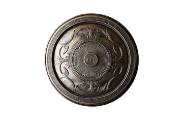 Abstract metal object sculpture isolated on transparent background. Circular metal object with a design isolated on white background.