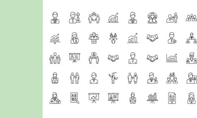 A comprehensive set of thin line business icons representing corporate concepts like teamwork, management, and human resources