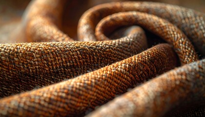 Fototapeta premium Close-up of folded, textured fabric. Warm brown, cream, and darker brown tones. Light highlights detail