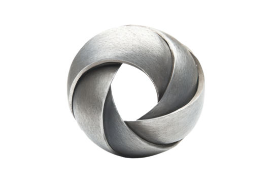 Abstract metal object sculpture isolated on transparent background. Circular metal object with a design isolated on white background.