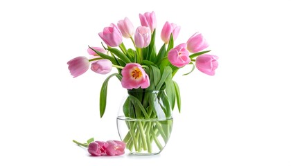 Bouquet of soft pink tulips in a clear vase, against a clean white background, with two tulips lying on the surface