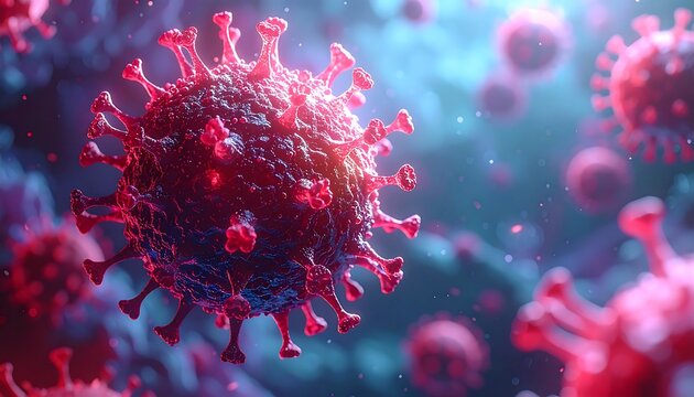 Microscopic view Pink-red virus cells with spiky protrusions against a blurred blue and red gradient background