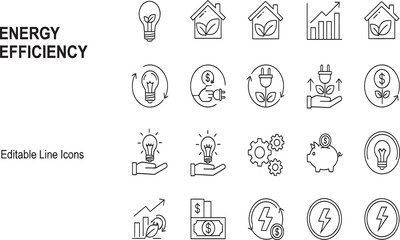 Editable Line Icons Representing Energy Efficiency and Sustainable Practices for Your Projects