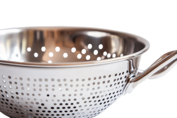 Vintage enamel colander with handles isolated on transparent background. Close up of a colander isolated on white background.