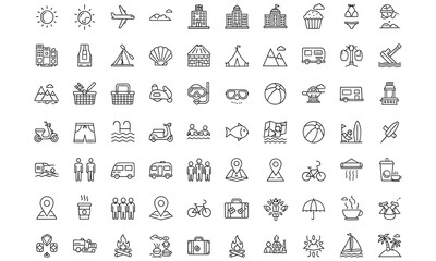 Collection of Travel and Lifestyle Icons Representing Leisure Activities, Transportation, and Destinations