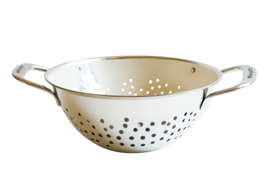 Vintage enamel colander with handles isolated on transparent background. Close up of a colander isolated on white background.