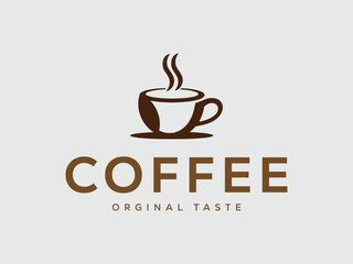 Brown coffee cup with steam and text logo beverage