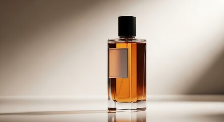 Elegant perfume bottle with amber liquid on reflective surface, perfect for luxury brand advertising or sophisticated product presentation, blank label