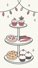 Christmas bakery display with mince pies, stolen, and cupcakes — festive pastry flat vector illustration.
