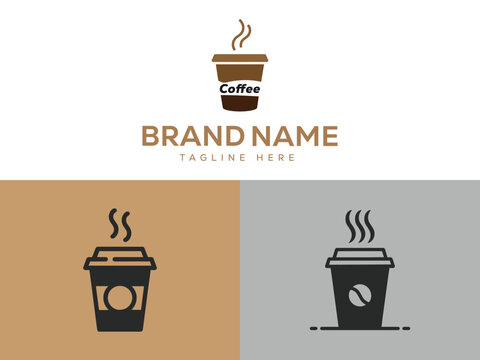 Coffee cup logo design with steam and brand name placeholder vector