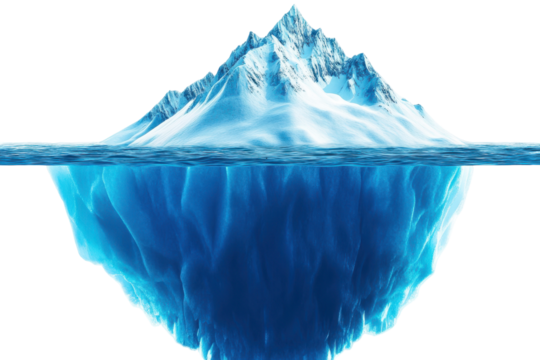 Jagged blue ice formation isolated on transparent background. Close up of a iceberg isolated on white background.