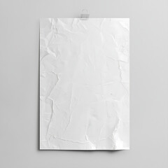 Mockup of a blank white paper, featuring a textured design that includes creases and glue marks, displayed on a wall. This unfilled white poster template serves as a versatile design tool for showcasi