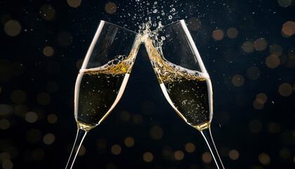 Two champagne flutes clinking together causing a golden sparkling wine splash