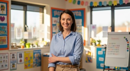 Female caucasian young teacher smiling in colorful classroom environment