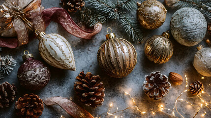 Elegant Christmas Ornaments with Pinecones, Festive Holiday Decorations with Pinecones and Lights, Warm Holiday Decor with Christmas Ornaments