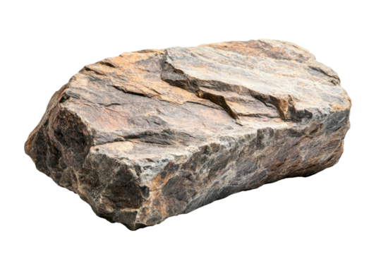 Rough grey rock with veins isolated on transparent background. Close up of a rock isolated on white background.