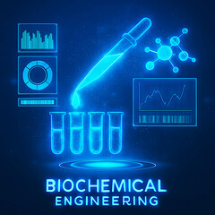 Biochemical engineering process visualization with neon data HUD and holographic charts