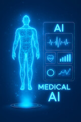 Medical AI interface showing body scan data in transparent 3D hologram display.
