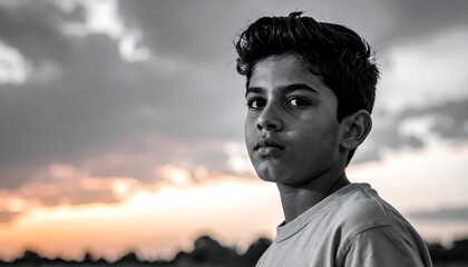 Boy gazes, framed by moody sky and low horizon. Dramatic monochrome toning adds a contemplative feel