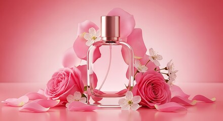 Elegant glass perfume bottle adorned with delicate pink roses and soft petals evokes luxury and romantic allure for beauty marketing