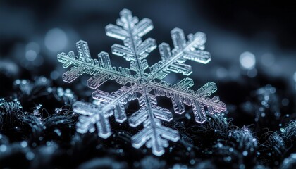 Detailed close-up of a snowflake on a dark fabric background with soft blue and pink lighting