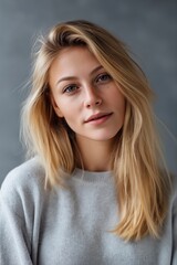 Fototapeta premium Young caucasian female with blonde hair in gray sweater against gray background