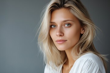 Fototapeta premium Young caucasian female with blonde hair and blue eyes in casual white top