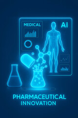 Pharmaceutical innovation hologram showing capsule molecular breakdown in lab.
