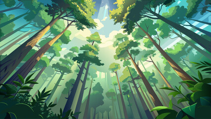 Looking upward at dense forest treetops touched by morning light, mist gently drifting between green leaves, creating a calm, dreamy, and refreshing natural scene, detailed vector illustration