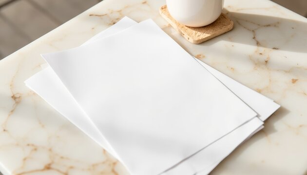 Blank papers on marble table with coffee mug in natural light