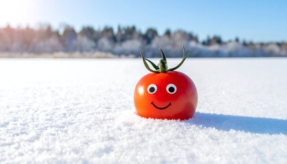 A red tomato with a smiley face sits on snow under a blue sky with trees blurred in the background