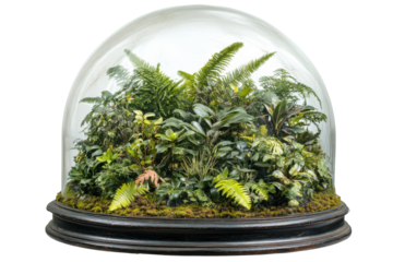Victorian glass cloche terrarium with lush green plants isolated on transparent background. Glass dome with plants isolated on white background.