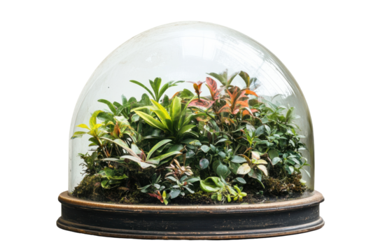 Victorian glass cloche terrarium with lush green plants isolated on transparent background. Glass dome with plants isolated on white background.