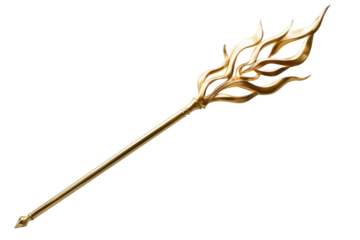 Burning torch with golden flames isolated on transparent background. Gold staff with flames on white background.