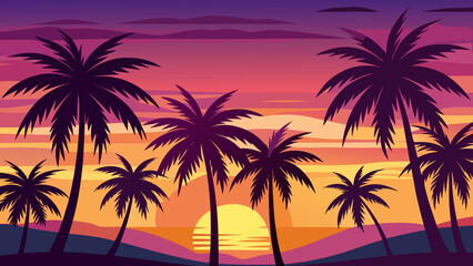 Vibrant tropical sunset with silhouette palm trees and colorful sky