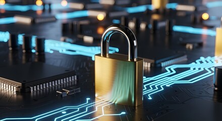 A close-up of a shiny golden padlock resting on a high-tech circuit board, suggesting data security and cybersecurity measures