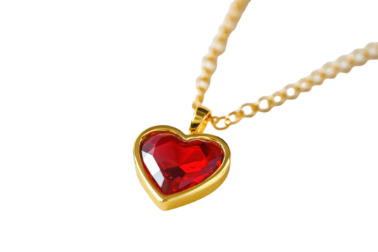 Gold heart shaped ruby pendant necklace isolated on transparent background. Gold necklace with a red stone in the shape of a heart isolated on white background.