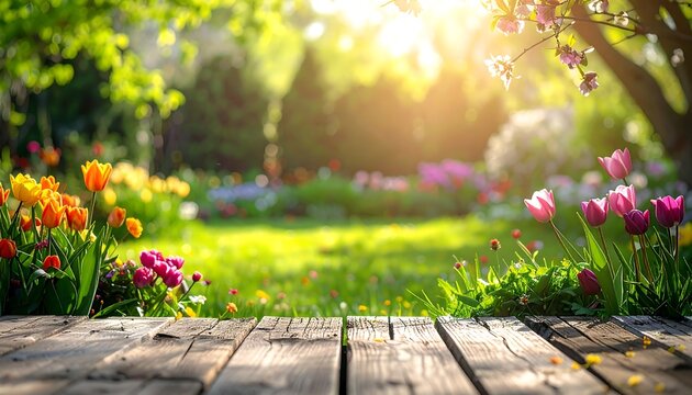 Sunlit garden scene with tulips, green grass, and weathered wood planks in foreground, dreamy and ethereal feel