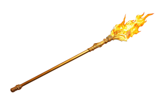 Burning torch with golden flames isolated on transparent background. Gold staff with flames on white background.